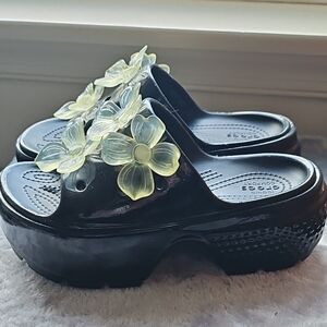CROCS Black Platform with 3D Floral Accents Shoes